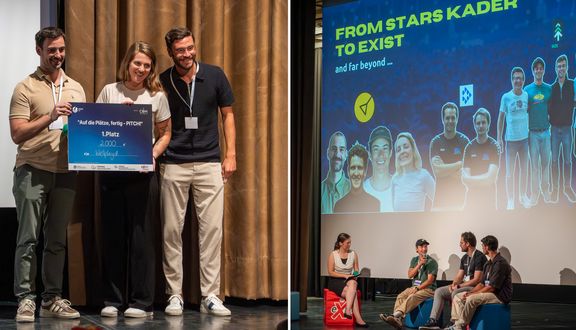 li.: Die Gewinnerin des Pitches Janina Jaspers mit Ex-Fußballnationalspieler Jonas Hector, der Teil der Jury war; re.: Podiumsgespräch mit erfolgreichen Gründer*innen
