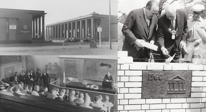 Oben: Eingang der Sporthochschule Köln in den Abel-Bauten des Kölner Stadions, Unten: Vorlesung mit Carl Diem im Hörsaal unter den Stadiontribünen, Rechts: Grundsteinlegung für den neuen Campus