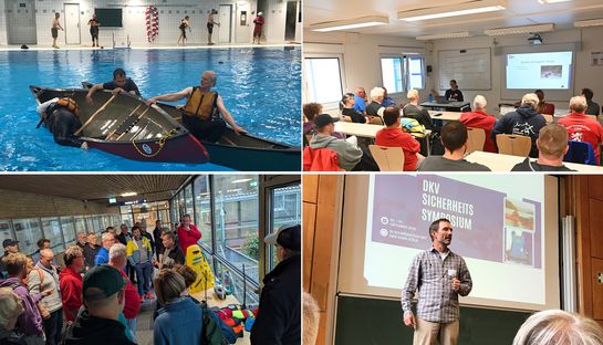 Personen in Kanus auf dem Wasser, im Hörsaal und im Seminarraum
