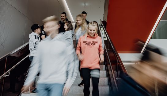 Studierende laufen eine Treppe herunter

