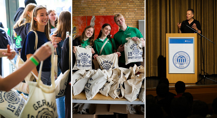 Studierende und Helfende bei der Ausgabe der Erstsemestertüten sowie Rektor Ansgar Thiel bei seiner Begrüßungsrede