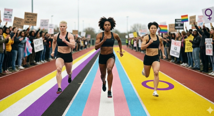 KI generiertes Bild von drei laufenden Personen, die angefeuert werden und von Vielfaltssymbolen umgeben sind.