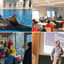 Personen in Kanus auf dem Wasser, im Hörsaal und im Seminarraum