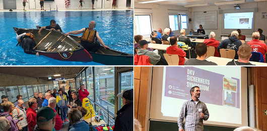 Personen in Kanus auf dem Wasser, im Hörsaal und im Seminarraum