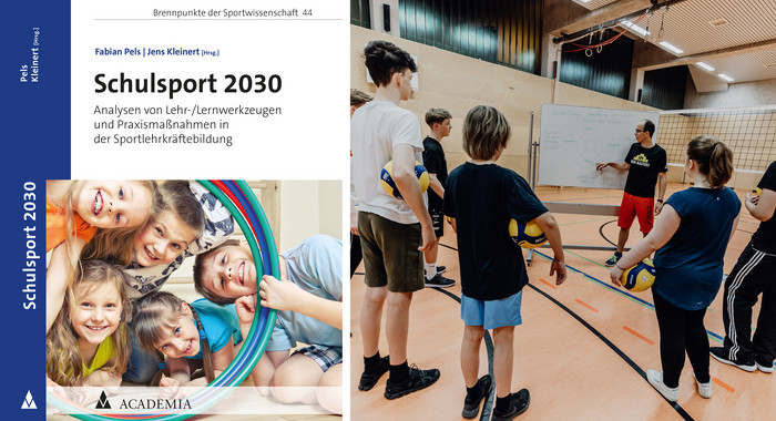 Bildcollage: links die Titelseite der Publikation, rechts eine Gruppe von Schulerinnen und Schülern in einer Sporthalle