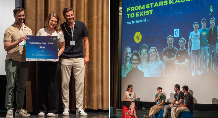 li.: Die Gewinnerin des Pitches Janina Jaspers mit Ex-Fußballnationalspieler Jonas Hector, der Teil der Jury war; re.: Podiumsgespräch mit erfolgreichen Gründer*innen