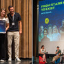 li.: Die Gewinnerin des Pitches Janina Jaspers mit Ex-Fußballnationalspieler Jonas Hector, der Teil der Jury war; re.: Podiumsgespräch mit erfolgreichen Gründer*innen