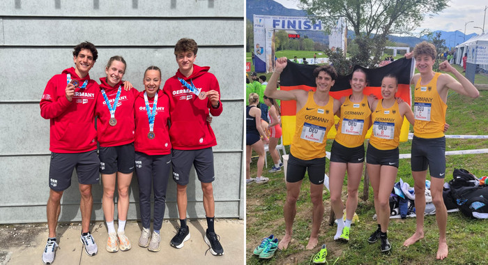 Vier Personen in Sportkleidung präsentieren ihre Bronzemedaillen, auf einem zweiten Bild halten sie gemeinsam die deutsche Flagge hoch.