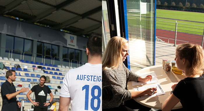 Collage: Auf dem linken Bild unterhalten sich drei Personen vor einer Tribüne, rechts sitzen zwei Frauen an einem Tisch und besprechen einen Ernährungsplan