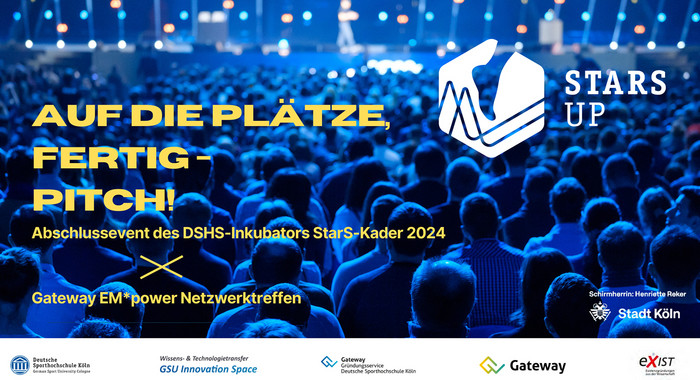 Publikum im Saal, Aufschrift Auf die Plätze fertig Pitch