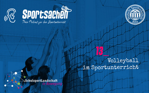 Im Hintergrund: Volleyballspielerinnen springen mit ausgestreckten Armen ans Netz, Titel mit weißer Schrift 