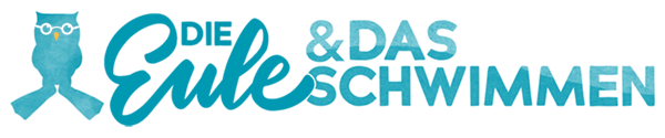 Eine cyanfarbene Eule mit Taucherbrille und Text daneben, Schwimmunterricht