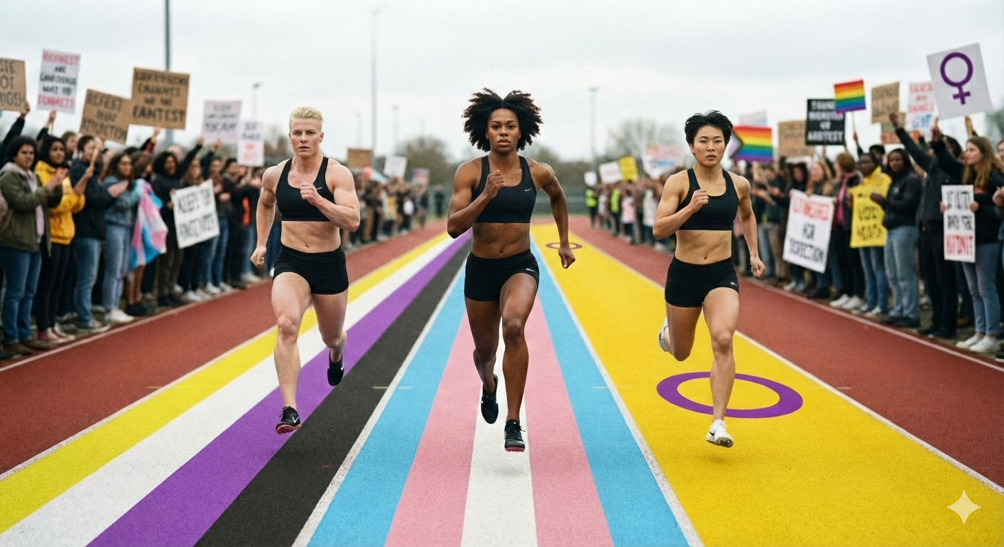 Bild von drei Frauen die auf einer bunten Straße rennen 
