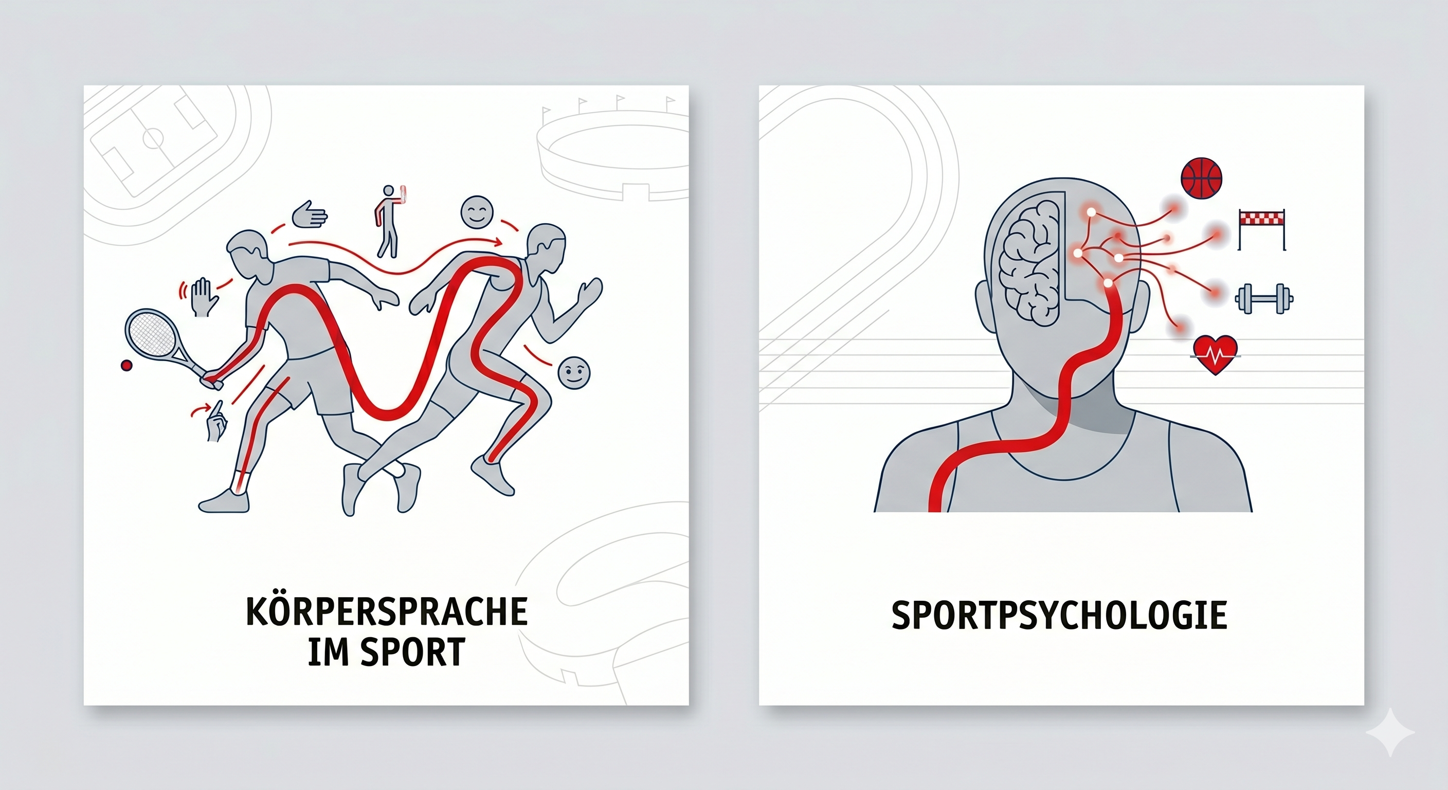 In dem Bild ist symbolisch die Körpersprache und Sportpsychologie dargestellt. Ein Strichmännchen der Tennis spielt und ein Kopf sind dargestellt.
