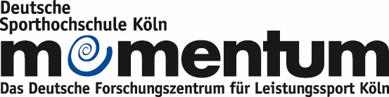 Schriftzug mit Logo: Deutsche Sporthochschule Köln, momentum, das Deutsche Forschungszentrum für Leistungssport Köln
