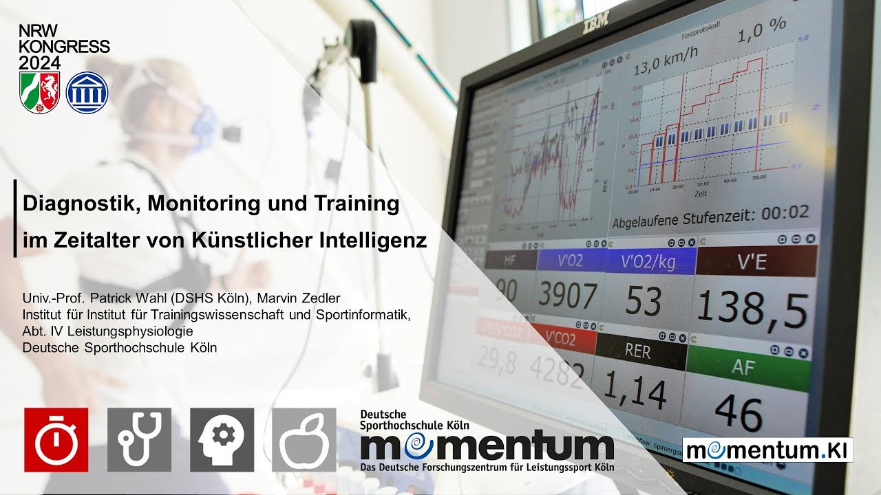 Titelbild zum Vortrag „Diagnostik, Monitoring und Training im Zeitalter von Künstlicher Intelligenz“ beim NRW Kongress 2024, gehalten von Univ.-Prof. Patrick Wahl (DSHS Köln) und Marvin Zedler, Institut für Trainingswissenschaft und Sportinformatik, Abt. IV Leistungsphysiologie, Deutsche Sporthochschule Köln. Im Hintergrund eine Person mit Atemmaske bei einer Spiroergometrie und ein Monitor mit Testprotokoll und Messwerten wie Herzfrequenz, Sauerstoffaufnahme und Atemminutenvolumen. Unten Logos von momentum und momentum.KI.
