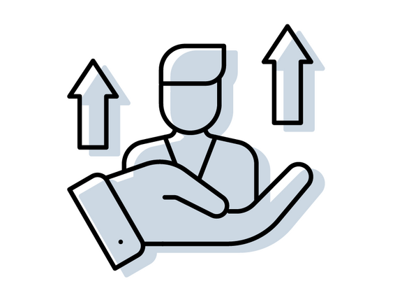 A hand is holding people, and two arrows are pointing upward

