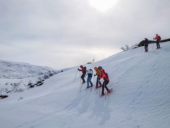Gruppe von fünf Personen mit Schneeschuhen steigt einen schneebedeckten Hang hinauf
