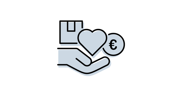 Icon mit flach aufgehaltener Hand, einer Euro-Münzem Herz und Geschenk darüber
