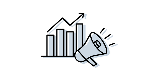 Icon mit Säulendiagramm, Pfeil nach oben und Megaphon
