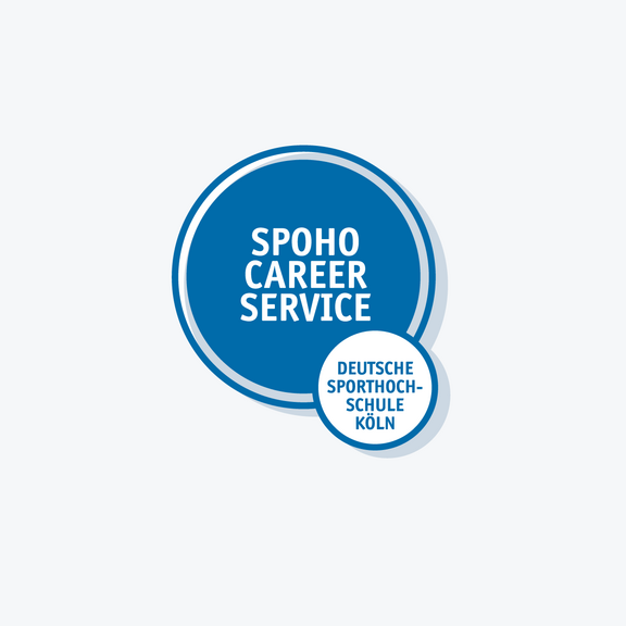 bildmarke "spoho career service", weißer text in blauem kreis, kleiner weißer kreis überlappt unten rechts den großen kreis, in ihm steht "deutsche sporthochschule köln"
