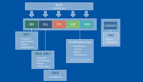 Diagramm zur Einbindung der Sportart Sportklettern (BAS5 Bergsport) in verschiedene Studiengänge: SBV, SUL, SPJ, SGP und SMK. Über SBV und SUL führen Vertiefungen (z.B. SBV7 Bergsport, Sportklettern, Winter-Erlebnissport) zu weiteren Modulen wie SBV9/SUL7 und SUL1. Zusätzlich gibt es eine Profilergänzung Klettersport am Fels und Winter-Erlebnissport für alle Studiengänge sowie Klettern & Bouldern im Lehramt (WBF).
