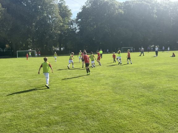 Kinder, die auf einer Wiese Fußball spielen

