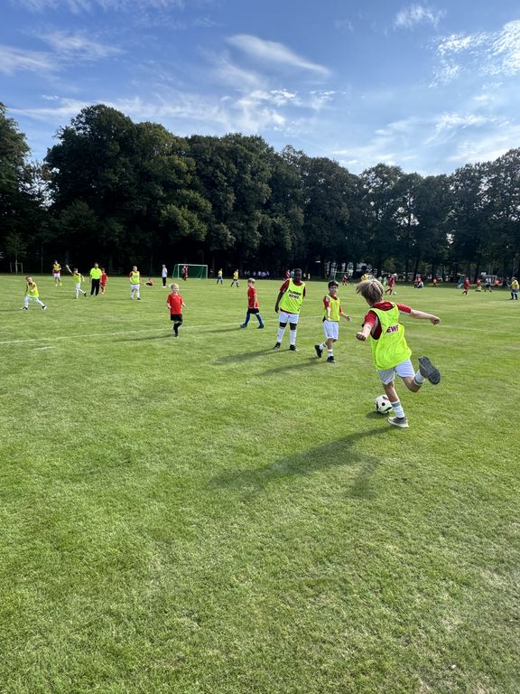 Kinder, die auf einer Wiese Fußball spielen
