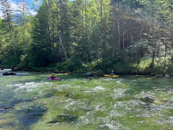 Mehrere Kajakfahrer paddeln auf einem kristallklaren, grünen Fluss durch eine üppige Berglandschaft mit dichten Wäldern.
