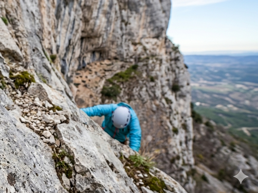 Kletterausrüstung mit Karabinerhaken an Felswand und Kletterer mit Helm in blauer Jacke beim Aufstieg
