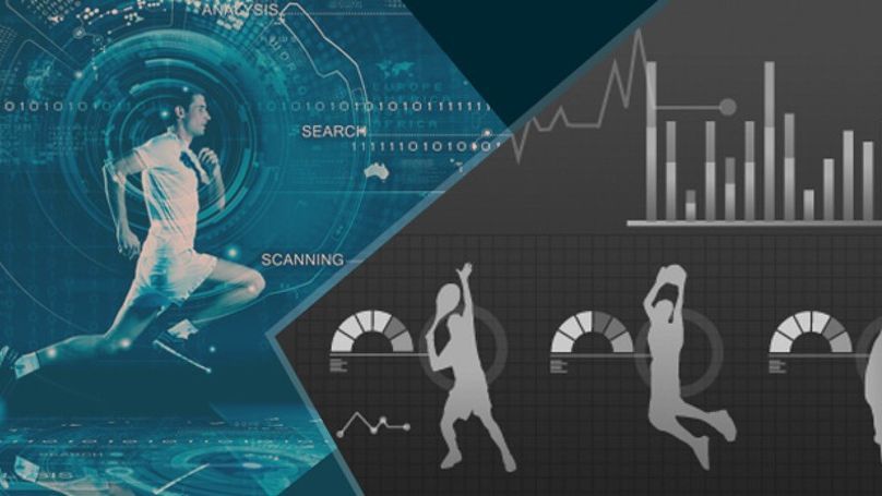 Ein Läufer, ein Tennisaufschlag, ein Dunk im Basketball und ein Baseball-Schlag werden symbolisch analysiert

