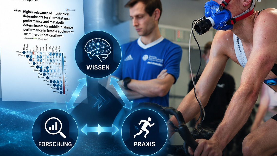 Ein Bild zur Rubrik ‚Wissenstransfer im Sport‘. Links sind wissenschaftliche Diagramme und Publikationen zu Trainings- und Leistungsdaten dargestellt. Rechts trainiert ein Sportler auf einem Ergometer mit Atemmaske, während ein Betreuer seine Werte überwacht. In der Bildmitte symbolisieren drei kreisförmige Icons die Verbindung zwischen Forschung, Wissen und Praxis, verbunden durch Pfeile
