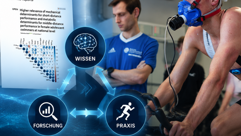 Ein Bild zur Rubrik ‚Wissenstransfer im Sport‘. Links sind wissenschaftliche Diagramme und Publikationen zu Trainings- und Leistungsdaten dargestellt. Rechts trainiert ein Sportler auf einem Ergometer mit Atemmaske, während ein Betreuer seine Werte überwacht. In der Bildmitte symbolisieren drei kreisförmige Icons die Verbindung zwischen Forschung, Wissen und Praxis, verbunden durch Pfeile
