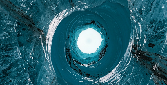 Blick von unten durch ein rundes Loch in einer Eisschicht auf den Himmel

