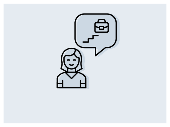 Grafik einer Frau (Oberkörper) mit Sprechblase, in der eine Treppe und eine Arbeitstasche oberhalb der treppe zu sehen ist
