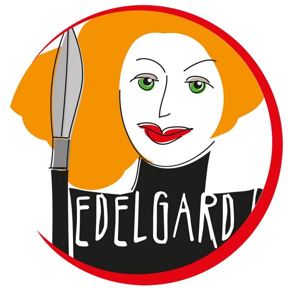Logo mit Schriftzug "Edelgard" auf einer skizzierten Person mit Messer in der Hand
