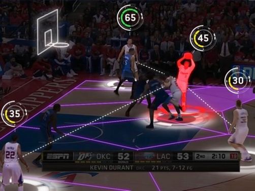 Eine Spielsituation im Basketball, in der Metriken zur Spielanalyse erhoben werden.
