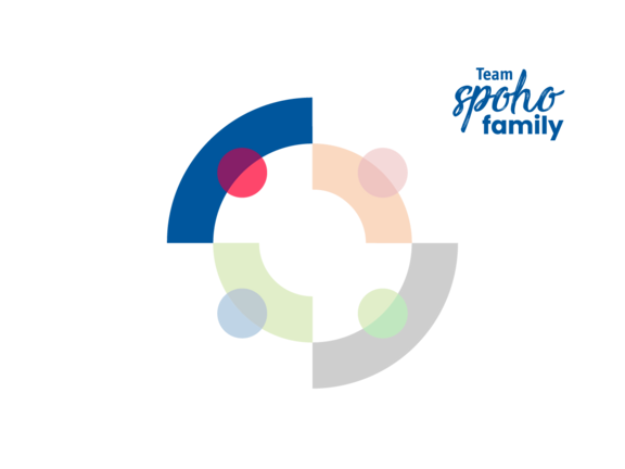kleine schrift "Team Spoho family" mit 4 unterschiedlich farbenen dicken viertelbögen, die gemeinsam einen kreis bilden kreis - als symbol für eine personengruppe von oben; drei Personen sind 25% opak, nur eine ist 100% gesättigt
