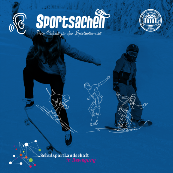 podcasttitel 08 "gleiten, rollen, fahren"; im Hintergrund ein Skateboarder und ein Snowboarder als Fotomontage und 3 Zeichnungen von Skifahrer, Skateboarder und Snowboarder
