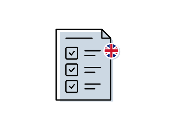 icon einer Checkliste mit englischer Flagge in Kreisform
