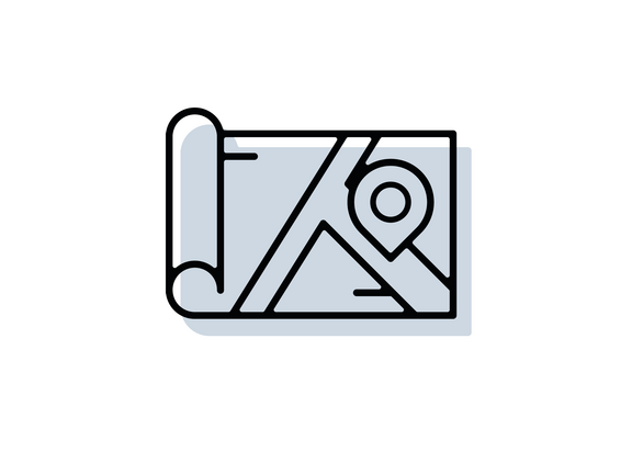 Icon Lageplan in schwarzer Outline mit hellblau-grauer Schattenfläche im Hintergrund
