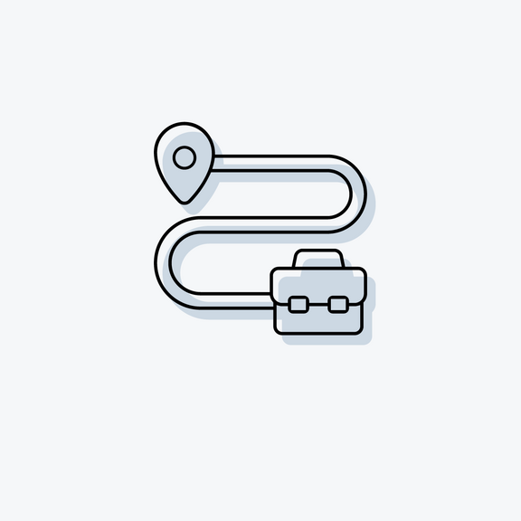 icon mit einer stilisierten Laptoptasche, die über einen Weg verbunden ist zu einem Zielpunkt
