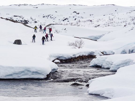 Gruppe von Schneewanderern mit Stöcken auf verschneitem Gelände nahe einem teilweise zugefrorenen Fluss

