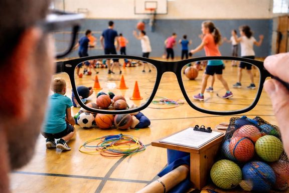 Lehrkraft hält eine Bille in den Hände mit etwas Abstand vor sein Gesicht. Damit beobachtet er den Sportunterricht in einer Turnhalle. Durch das Brillenglas scharf zu sehen sind spielende Kinder, Bälle, Hütchen und Sportmaterialien auf dem Hallenboden.
