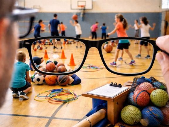 Lehrkraft hält eine Bille in den Hände mit etwas Abstand vor sein Gesicht. Damit beobachtet er den Sportunterricht in einer Turnhalle. Durch das Brillenglas scharf zu sehen sind spielende Kinder, Bälle, Hütchen und Sportmaterialien auf dem Hallenboden.
