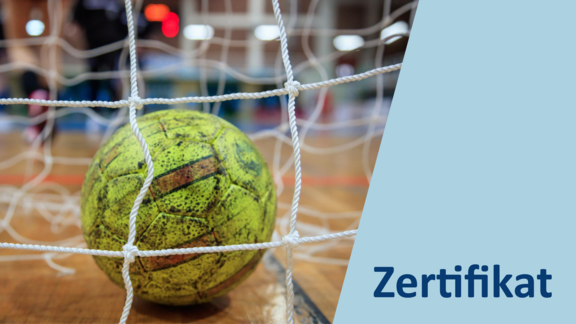 Ein Handball liegt im Tornetz.
