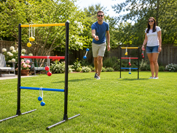 Das Bild zeigt einen Mann und eine Frau, die in einem Garten Ladder-Golf spielen.
