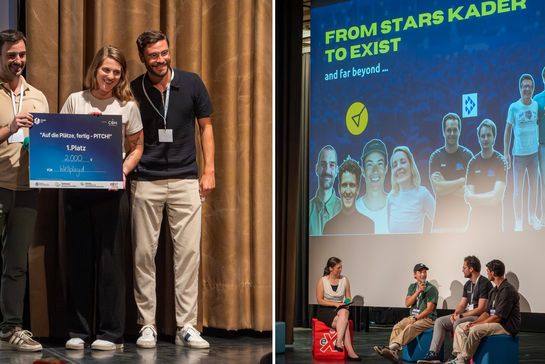 li.: Die Gewinnerin des Pitches Janina Jaspers mit Ex-Fußballnationalspieler Jonas Hector, der Teil der Jury war; re.: Podiumsgespräch mit erfolgreichen Gründer*innen