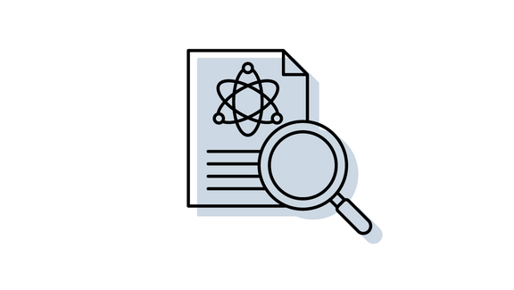 icon mit Lupe und Blatt mit wissenschaftlichem Symbol und Textlinien
