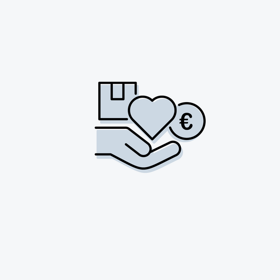 grafik schwarze outline, hand hält herz, euromünze und geschenk
